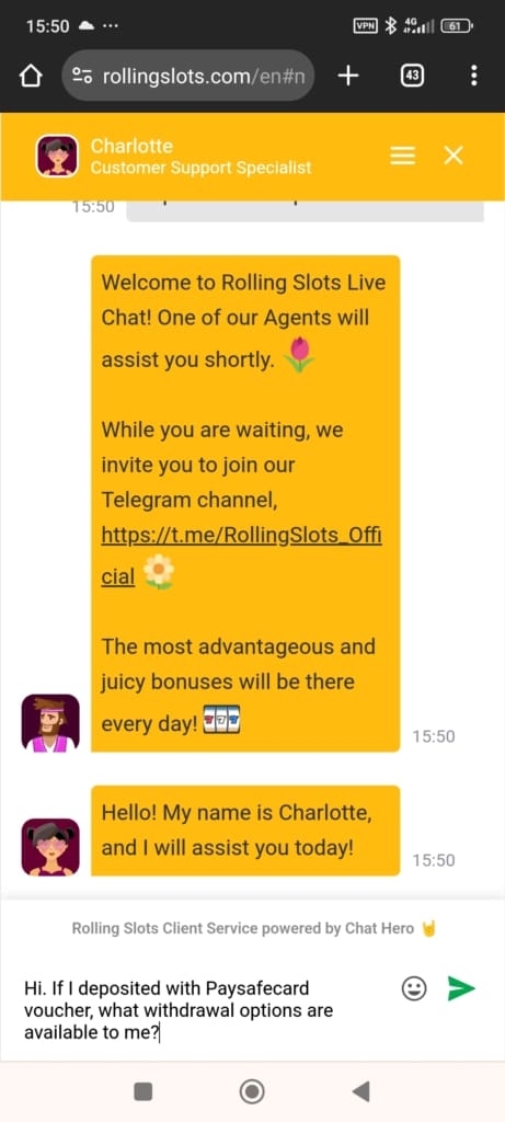 RollingSlots Casino Support