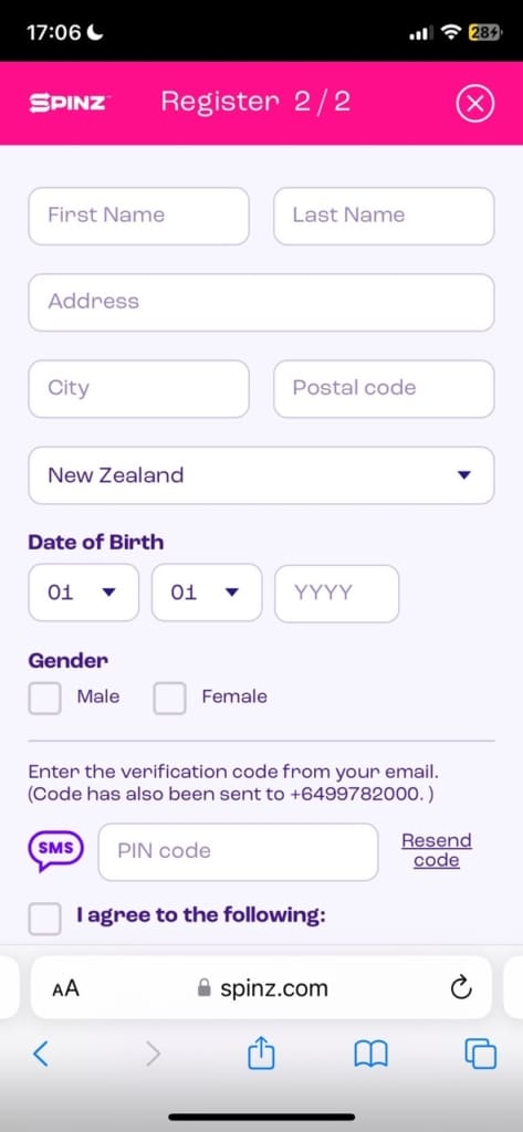 spinz casino register