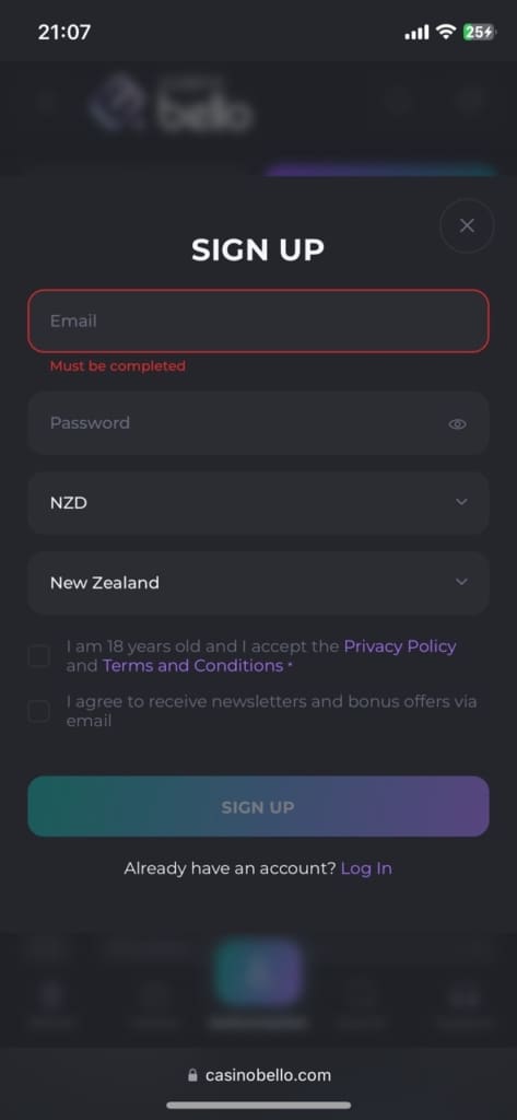 CasinoBello Casino Sing Up