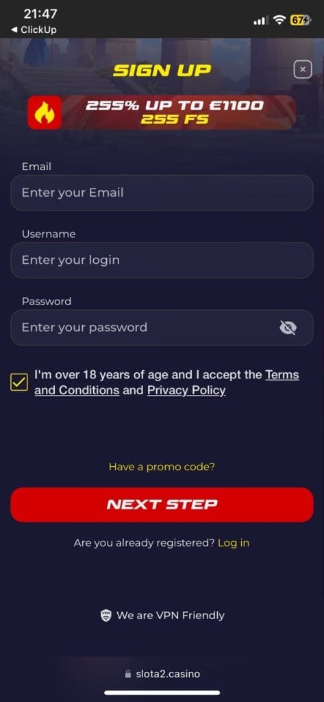 Slota Casino sing up