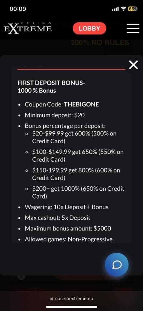 Casino Extreme bonus details