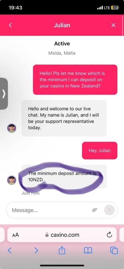 Caxino Casino doesn't allow $1 deposits