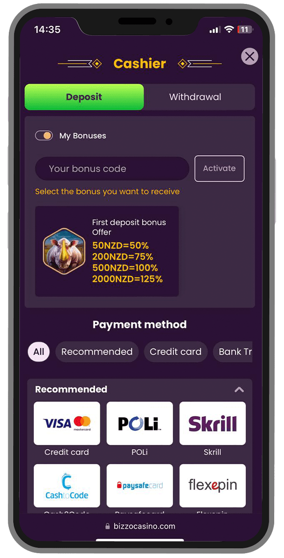 bizzocasino deposit methods and welcome